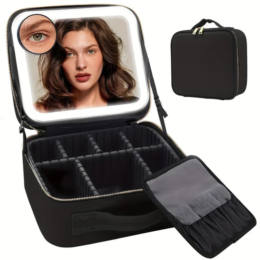 Travel Makeup Bag with Mirror of LED Lighted, with Adjustable Dividers, with Detachable 10X Magnifying Mirror